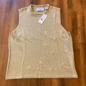 Marisa Christina NWT sweater vest Petite Large Khaki crew roll neck embroidered